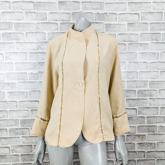 HARARI Women's 100% Silk Mandarin Jacket Beige Textured embroidered size L - Picture 1 of 9